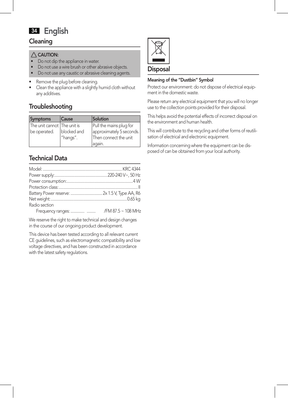 English, Cleaning, Troubleshooting | Technical data, Disposal | AEG KRC 4344 User Manual | Page 34 / 58
