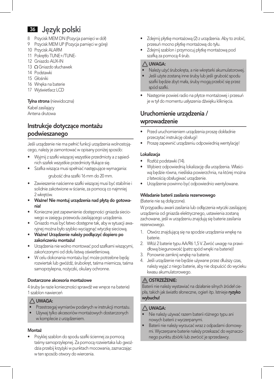 Język polski, Instrukcje dotyczące montażu podwieszanego, Uruchomienie urządzenia / wprowadzenie | AEG KRC 4344 User Manual | Page 36 / 58