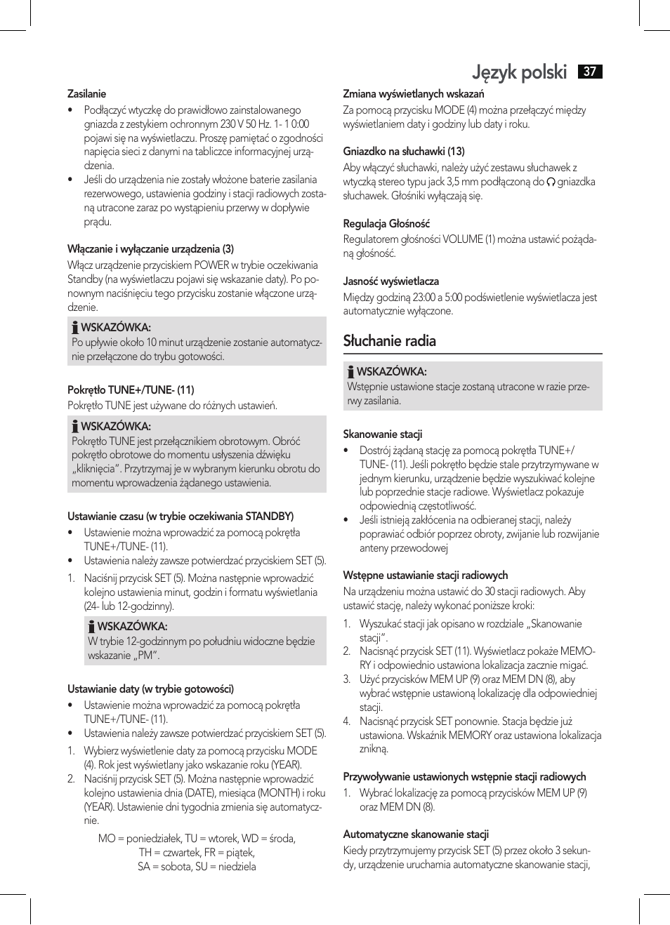 Język polski, Słuchanie radia | AEG KRC 4344 User Manual | Page 37 / 58