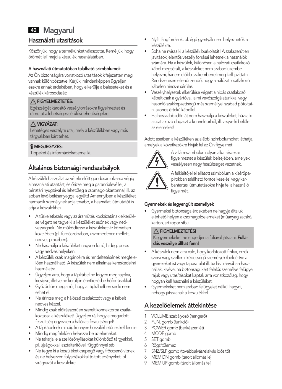 Magyarul, Használati utasítások, Általános biztonsági rendszabályok | A kezelőelemek áttekintése | AEG KRC 4344 User Manual | Page 40 / 58