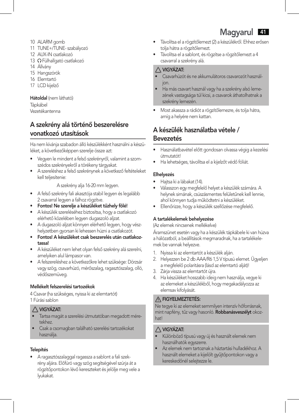 Magyarul, A készülék használatba vétele / bevezetés | AEG KRC 4344 User Manual | Page 41 / 58