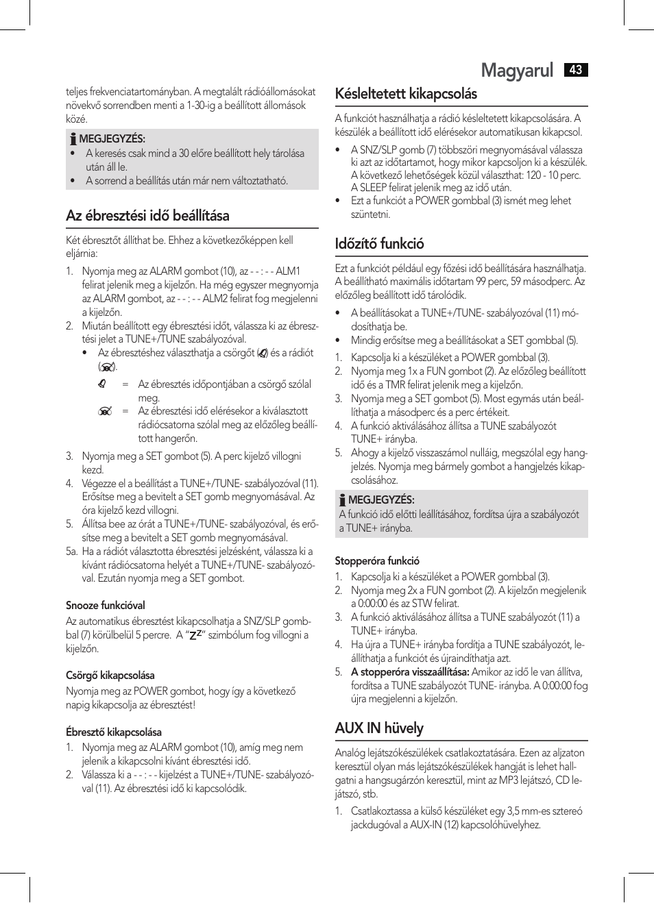 Magyarul, Az ébresztési idő beállítása, Késleltetett kikapcsolás | Időzítő funkció, Aux in hüvely | AEG KRC 4344 User Manual | Page 43 / 58