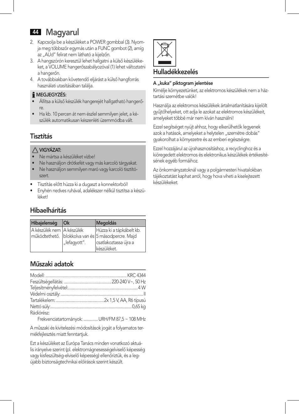 Magyarul, Tisztítás, Hibaelhárítás | Műszaki adatok, Hulladékkezelés | AEG KRC 4344 User Manual | Page 44 / 58