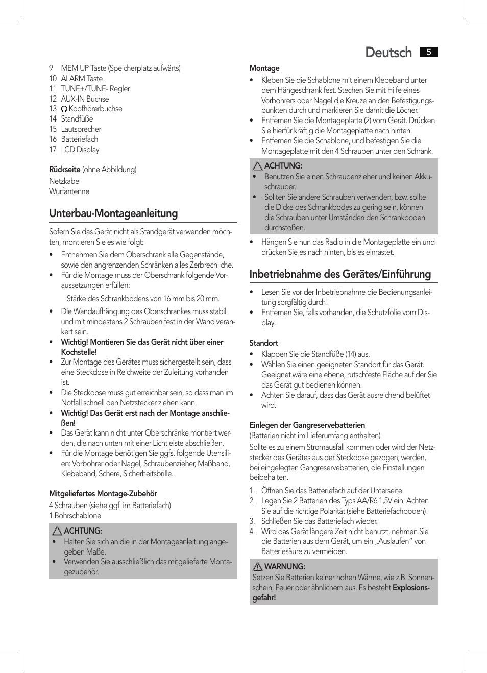 Deutsch, Unterbau-montageanleitung, Inbetriebnahme des gerätes/einführung | AEG KRC 4344 User Manual | Page 5 / 58