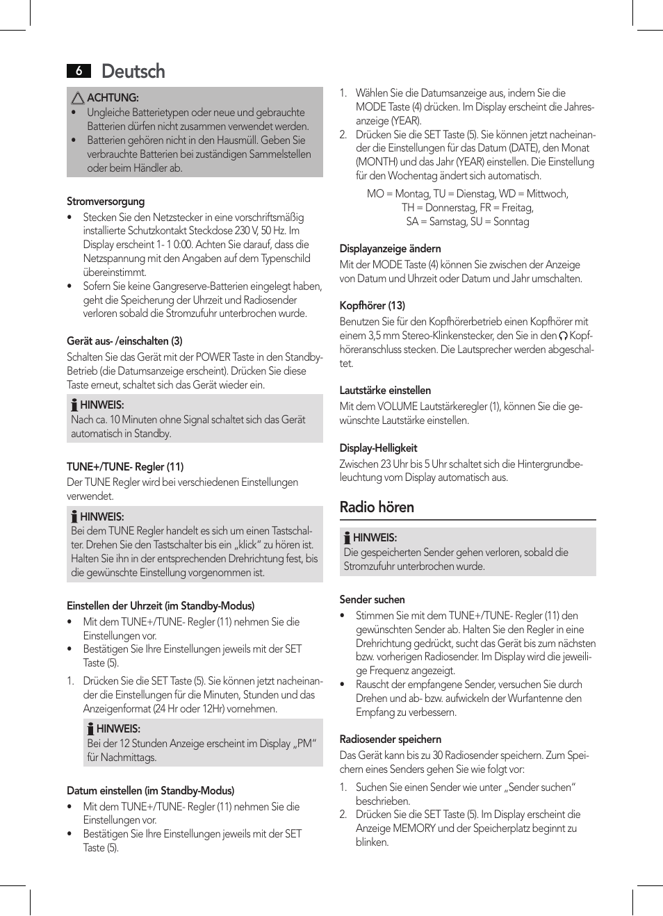 Deutsch, Radio hören | AEG KRC 4344 User Manual | Page 6 / 58