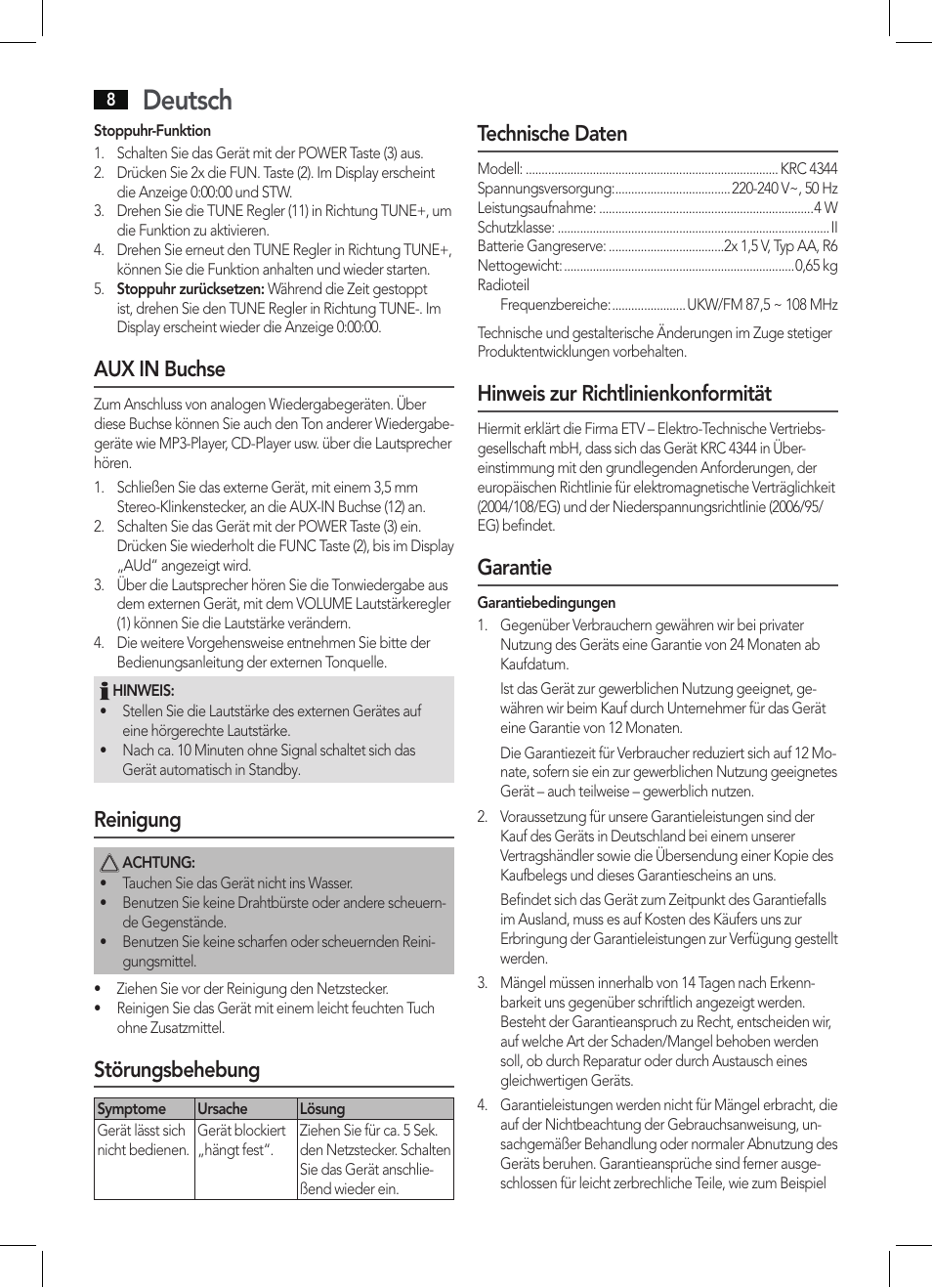Deutsch, Aux in buchse, Reinigung | Störungsbehebung, Technische daten, Hinweis zur richtlinienkonformität, Garantie | AEG KRC 4344 User Manual | Page 8 / 58