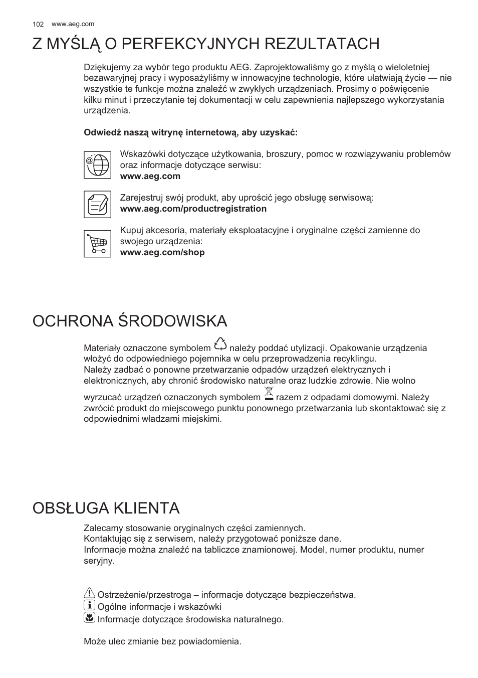 Z my ĝlą o perfekcyjnych rezultatach, Ochrona ĝrodowiska, Obs àuga klienta | AEG X99484MD1 User Manual | Page 102 / 160