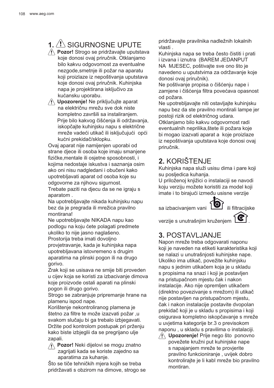 Sigurnosne upute, Korištenje, Postavljanje | AEG X99484MD1 User Manual | Page 108 / 160