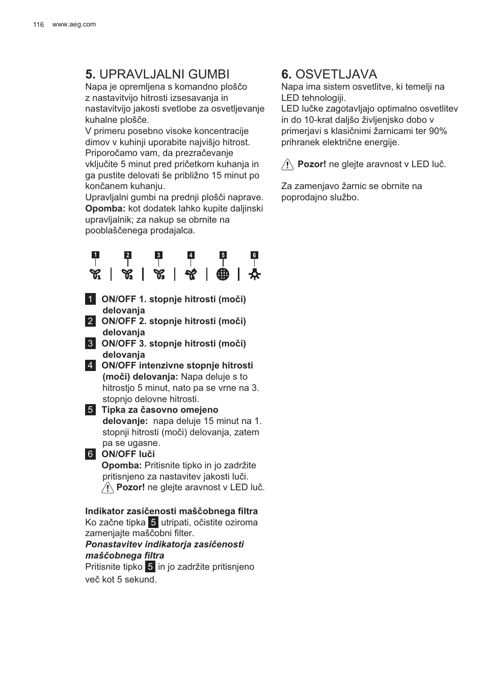Upravljalni gumbi, Osvetljava | AEG X99484MD1 User Manual | Page 116 / 160