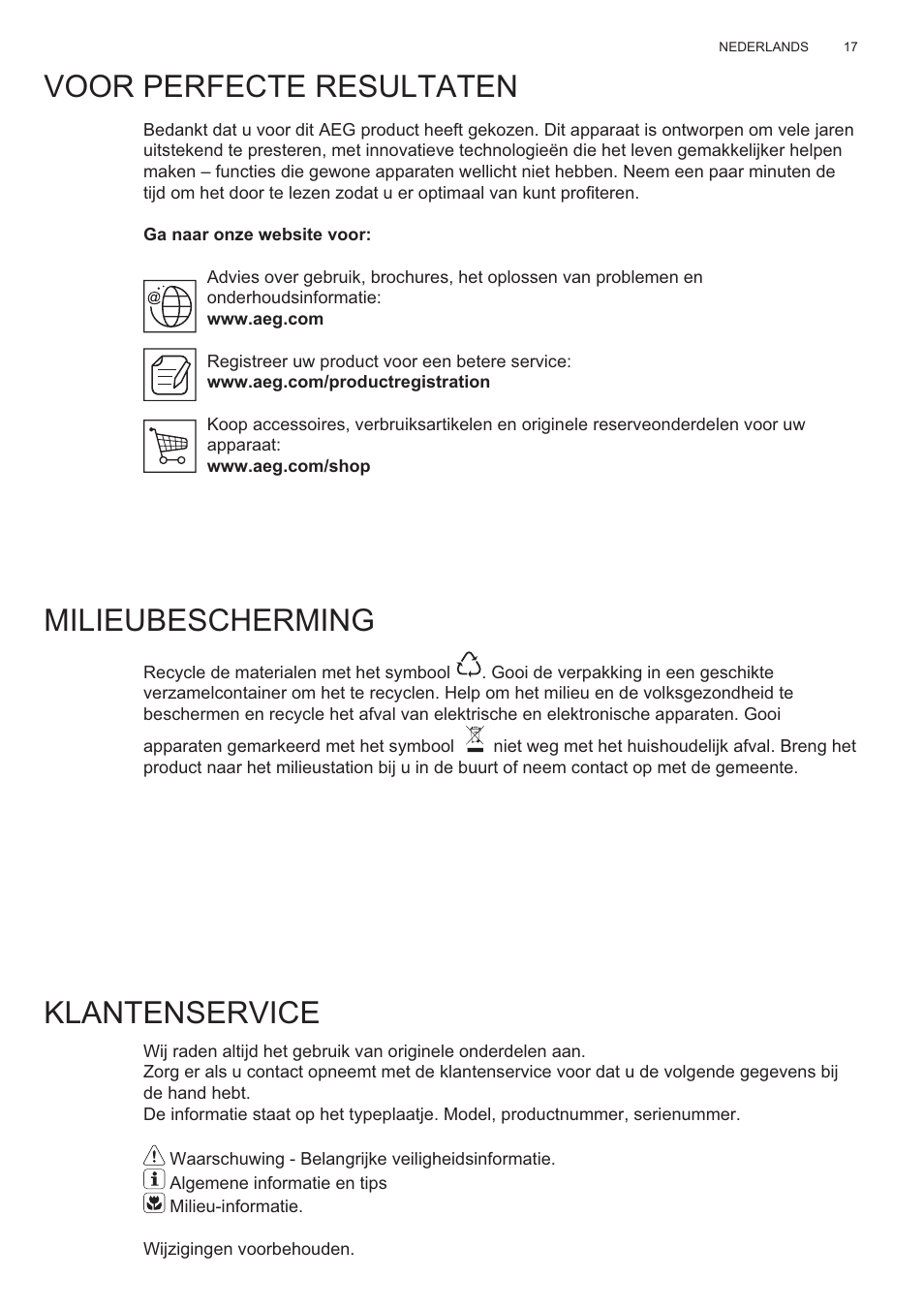 Voor perfecte resultaten, Milieubescherming, Klantenservice | AEG X99484MD1 User Manual | Page 17 / 160
