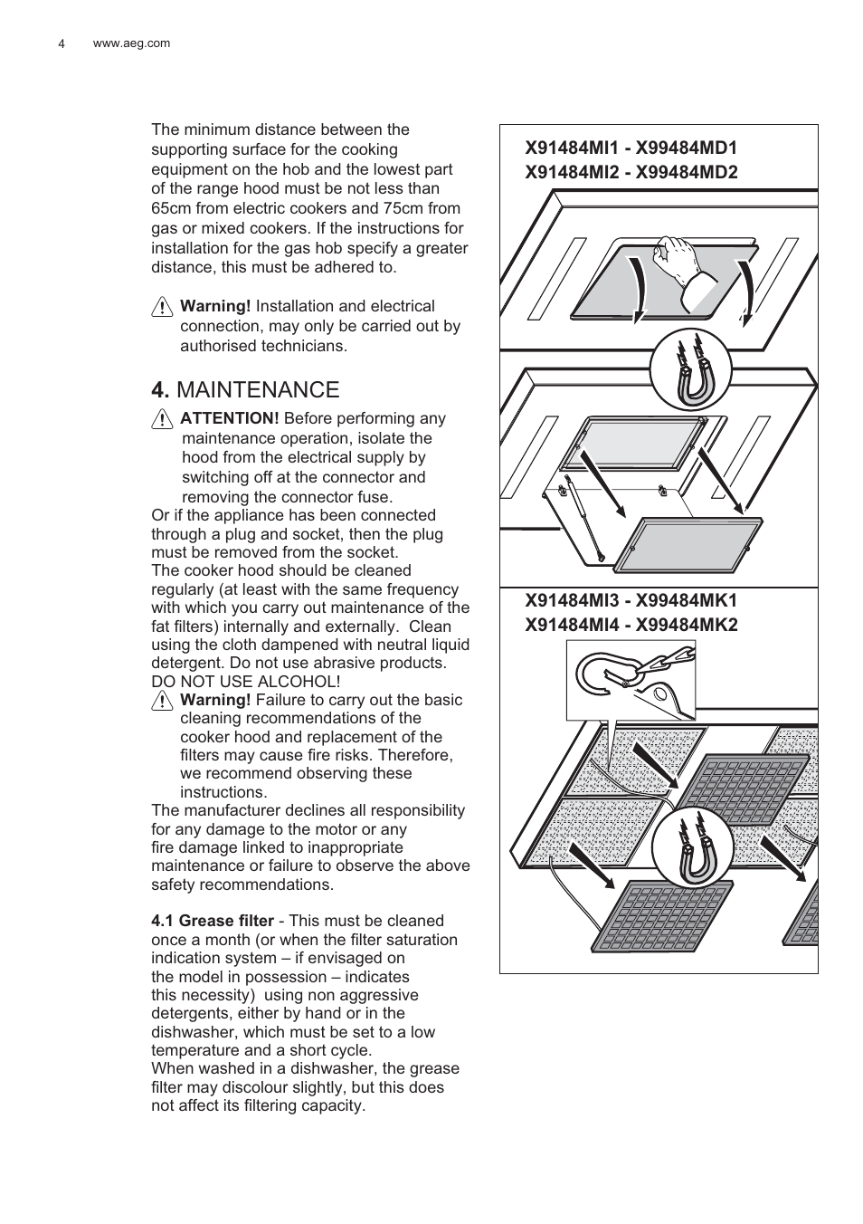 Maintenance | AEG X99484MD1 User Manual | Page 4 / 160