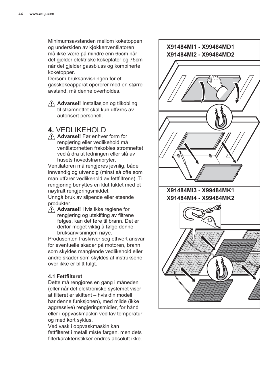 Vedlikehold | AEG X99484MD1 User Manual | Page 44 / 160