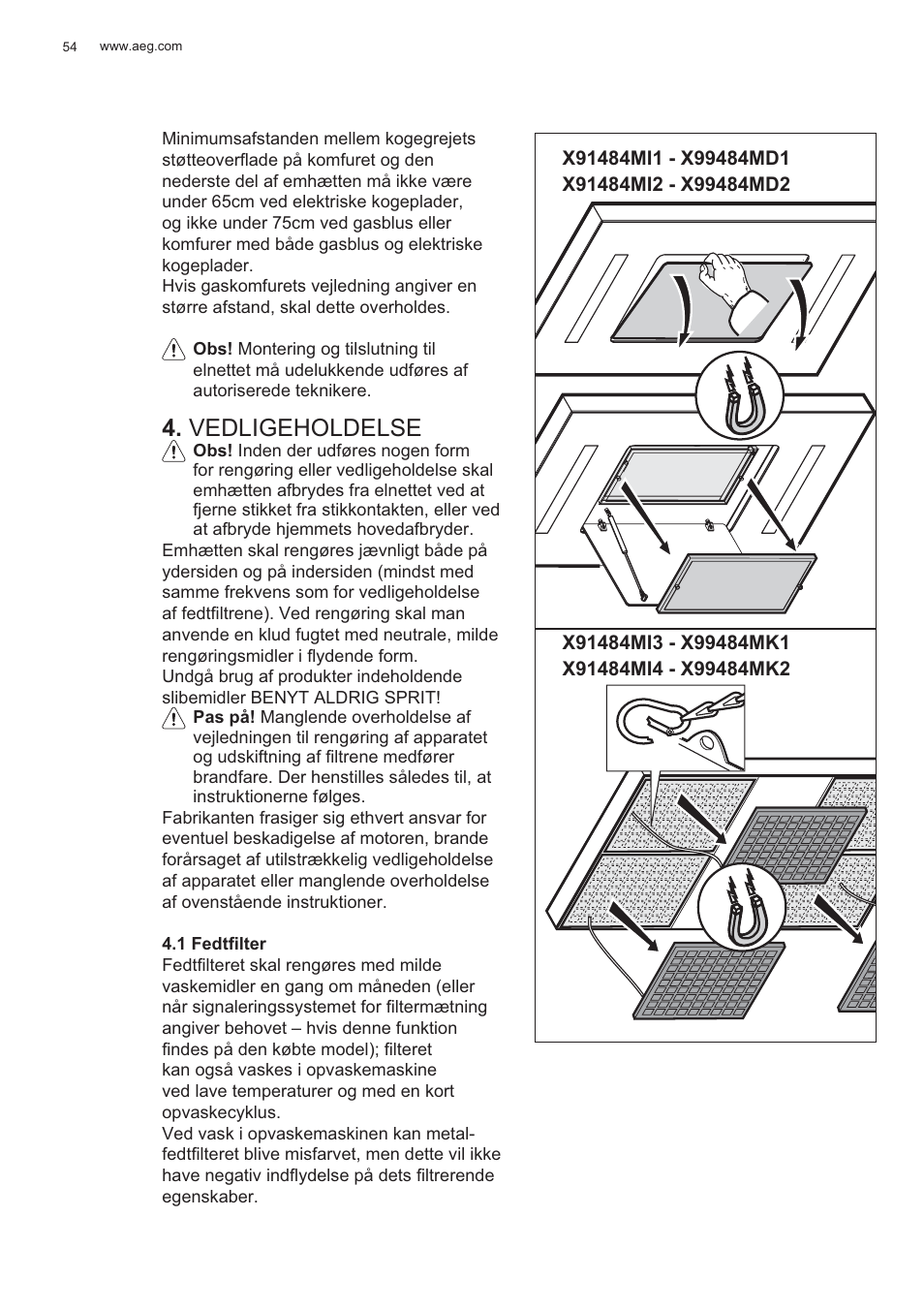 Vedligeholdelse | AEG X99484MD1 User Manual | Page 54 / 160
