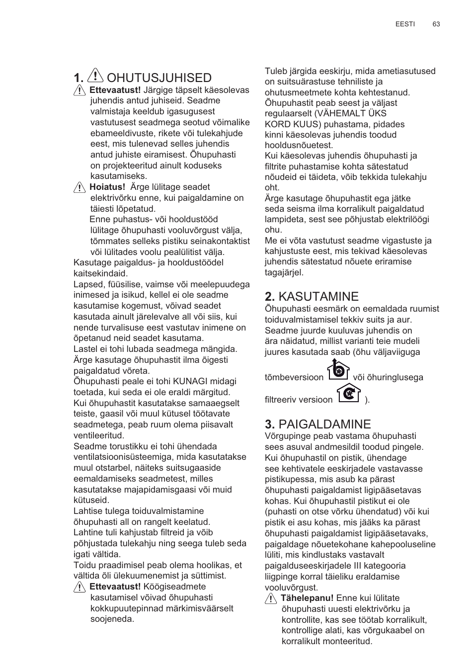 Ohutusjuhised, Kasutamine, Paigaldamine | AEG X99484MD1 User Manual | Page 63 / 160