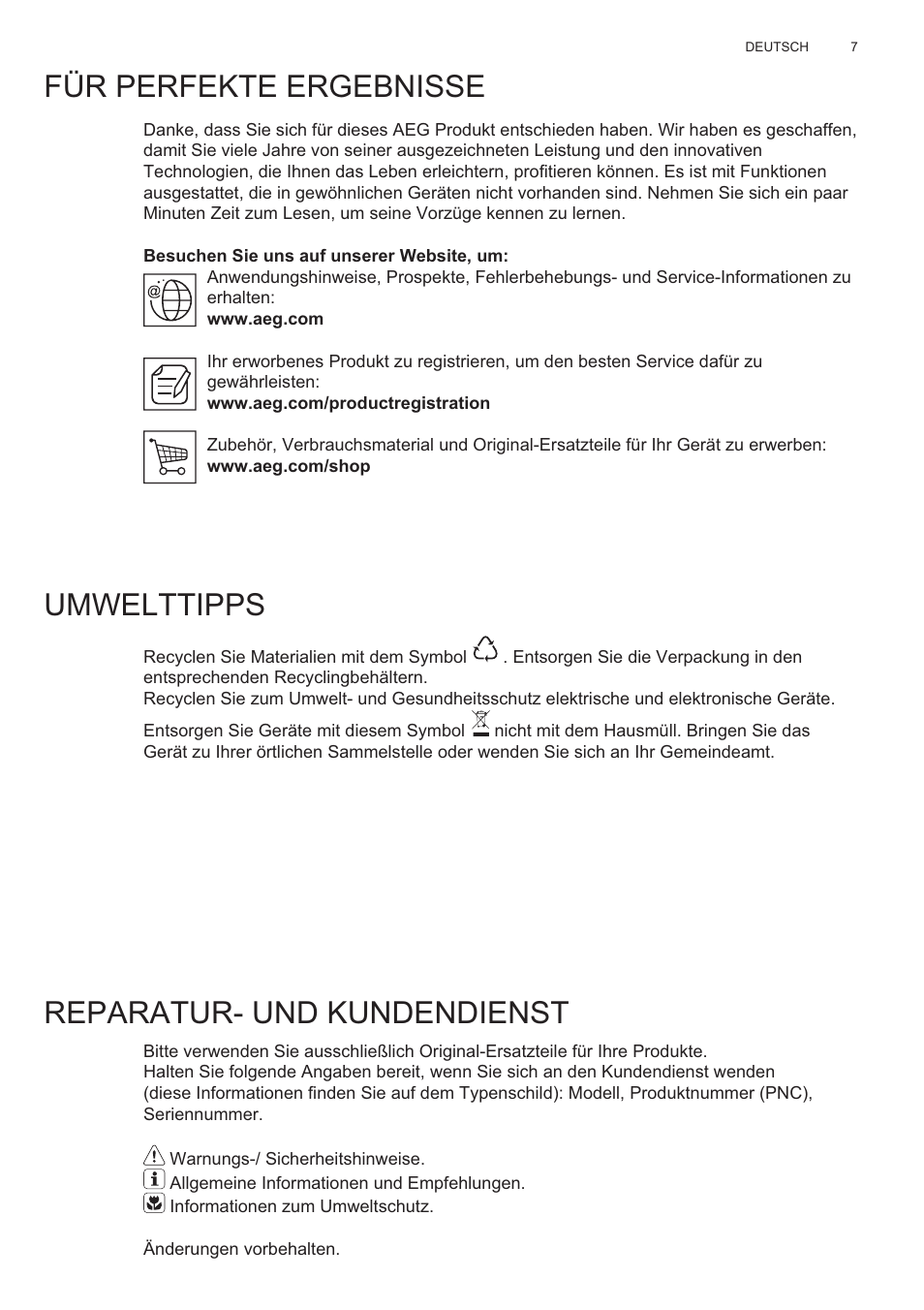 Für perfekte ergebnisse, Umwelttipps, Reparatur- und kundendienst | AEG X99484MD1 User Manual | Page 7 / 160