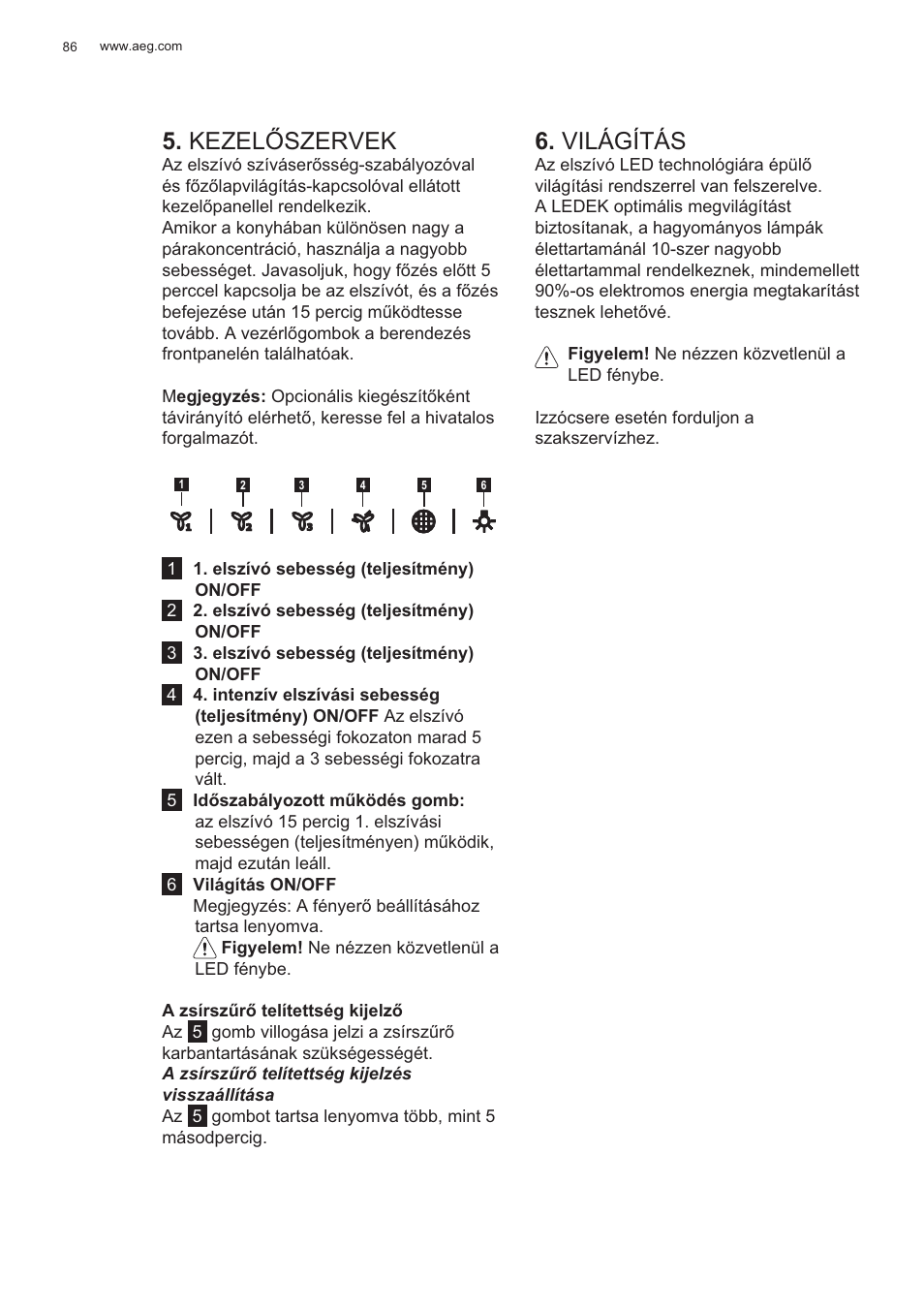 Kezel ėszervek, Világítás | AEG X99484MD1 User Manual | Page 86 / 160