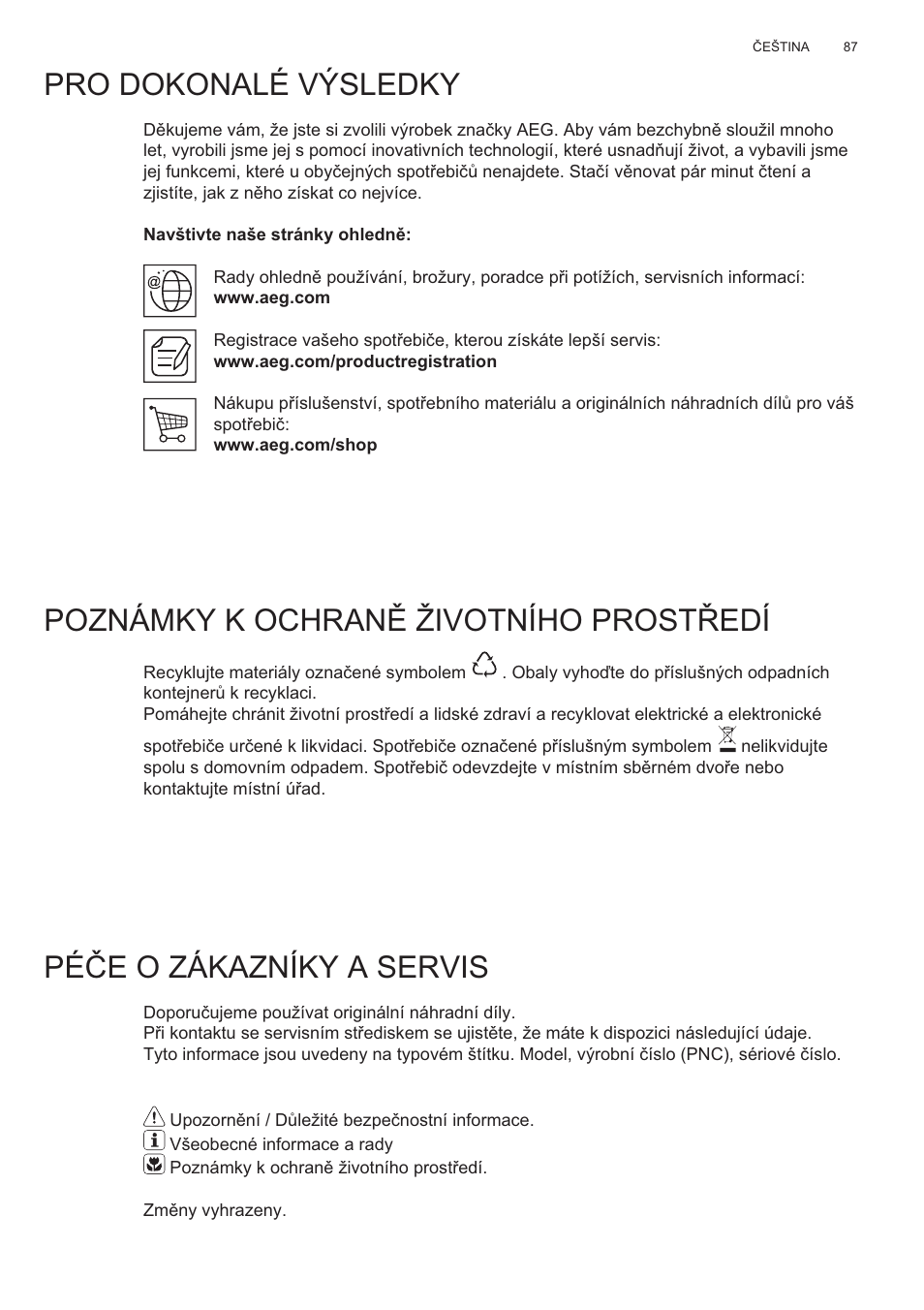 Pé ýe o zákazníky a servis | AEG X99484MD1 User Manual | Page 87 / 160