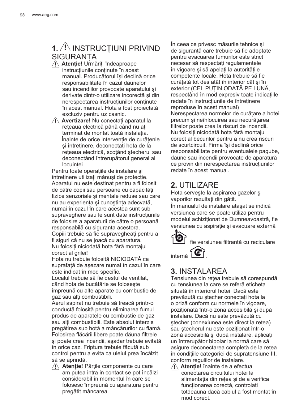 Instruc ğiuni privind siguran ğa, Utilizare, Instalarea | AEG X99484MD1 User Manual | Page 98 / 160