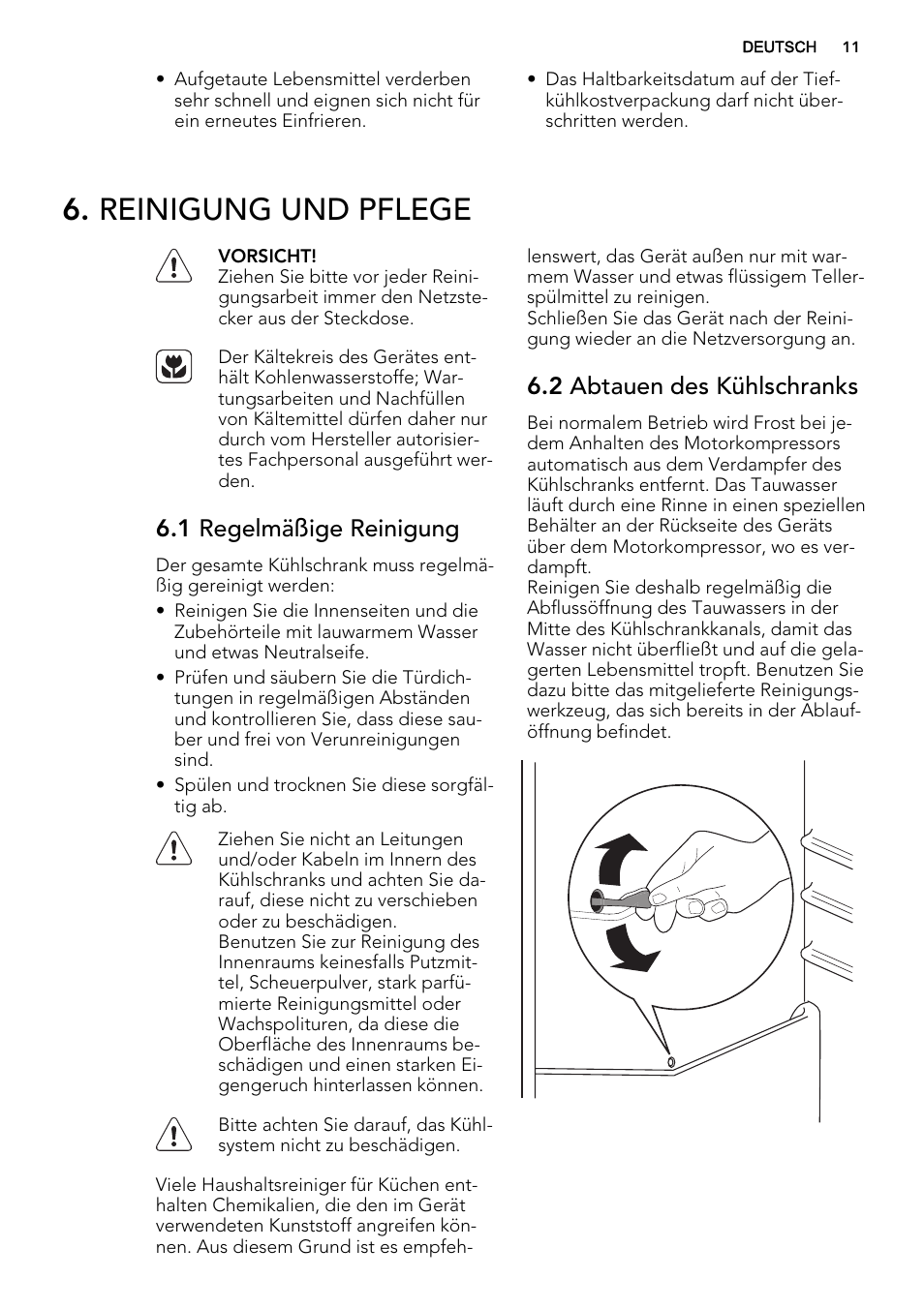 Reinigung und pflege, 1 regelmäßige reinigung, 2 abtauen des kühlschranks | AEG SKS98840F1 User Manual | Page 11 / 72