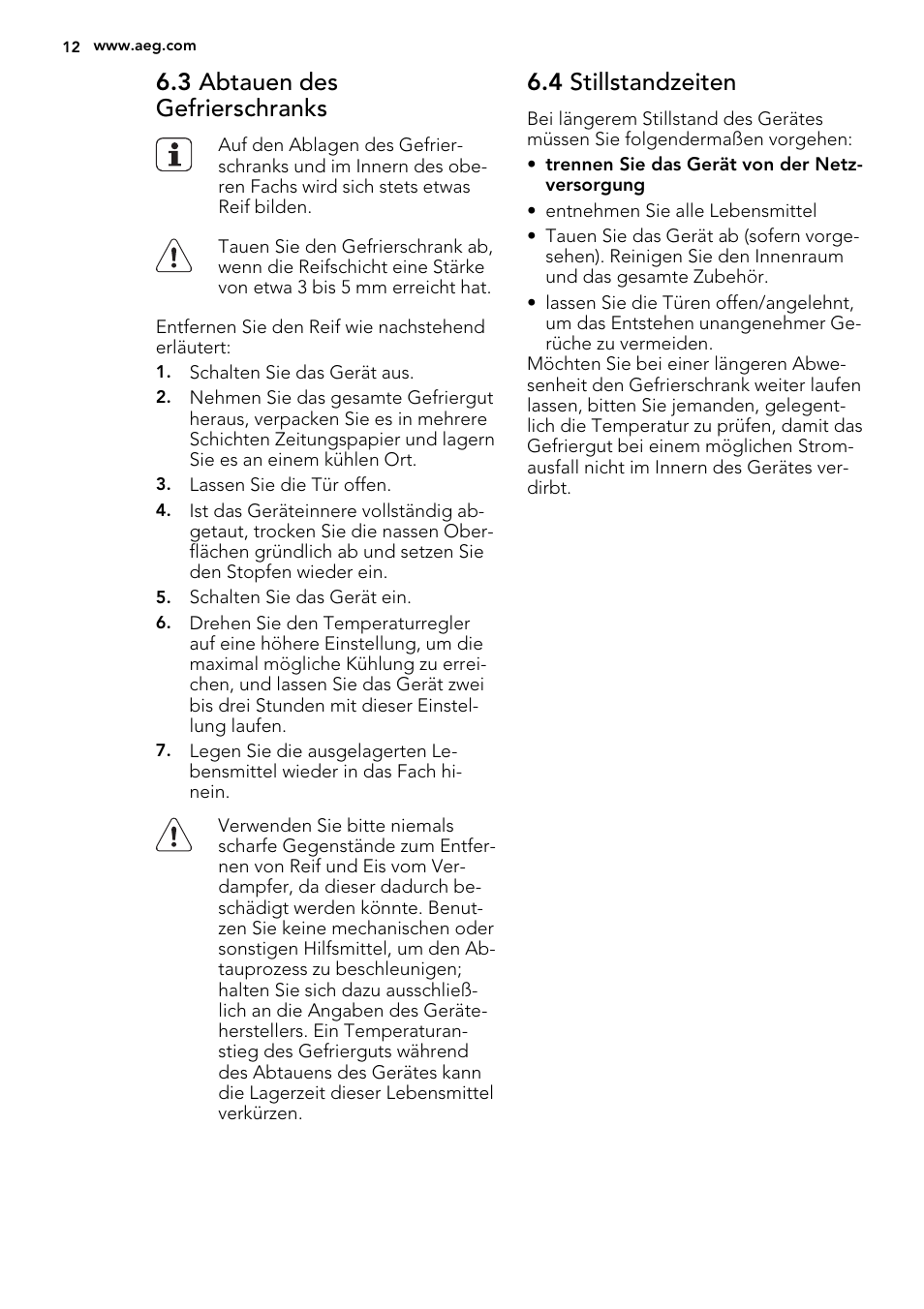 3 abtauen des gefrierschranks, 4 stillstandzeiten | AEG SKS98840F1 User Manual | Page 12 / 72