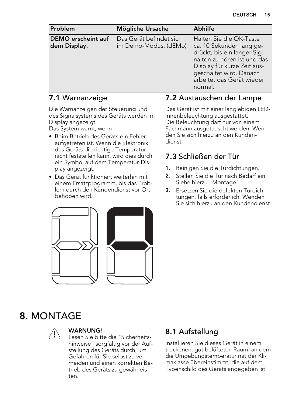 Montage, 1 warnanzeige, 2 austauschen der lampe | 3 schließen der tür, 1 aufstellung | AEG SKS98840F1 User Manual | Page 15 / 72