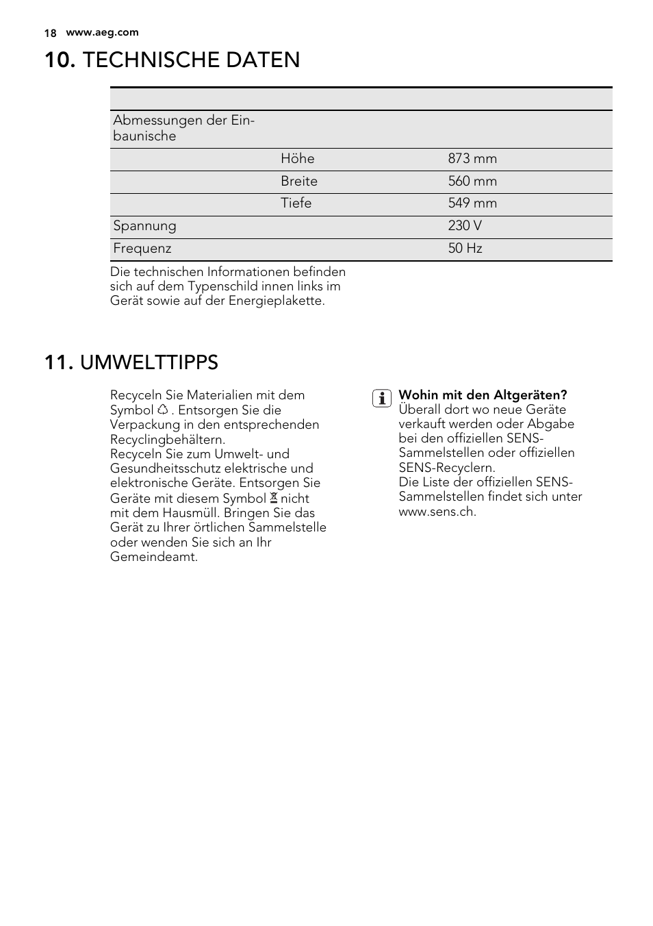 Technische daten, Umwelttipps | AEG SKS98840F1 User Manual | Page 18 / 72