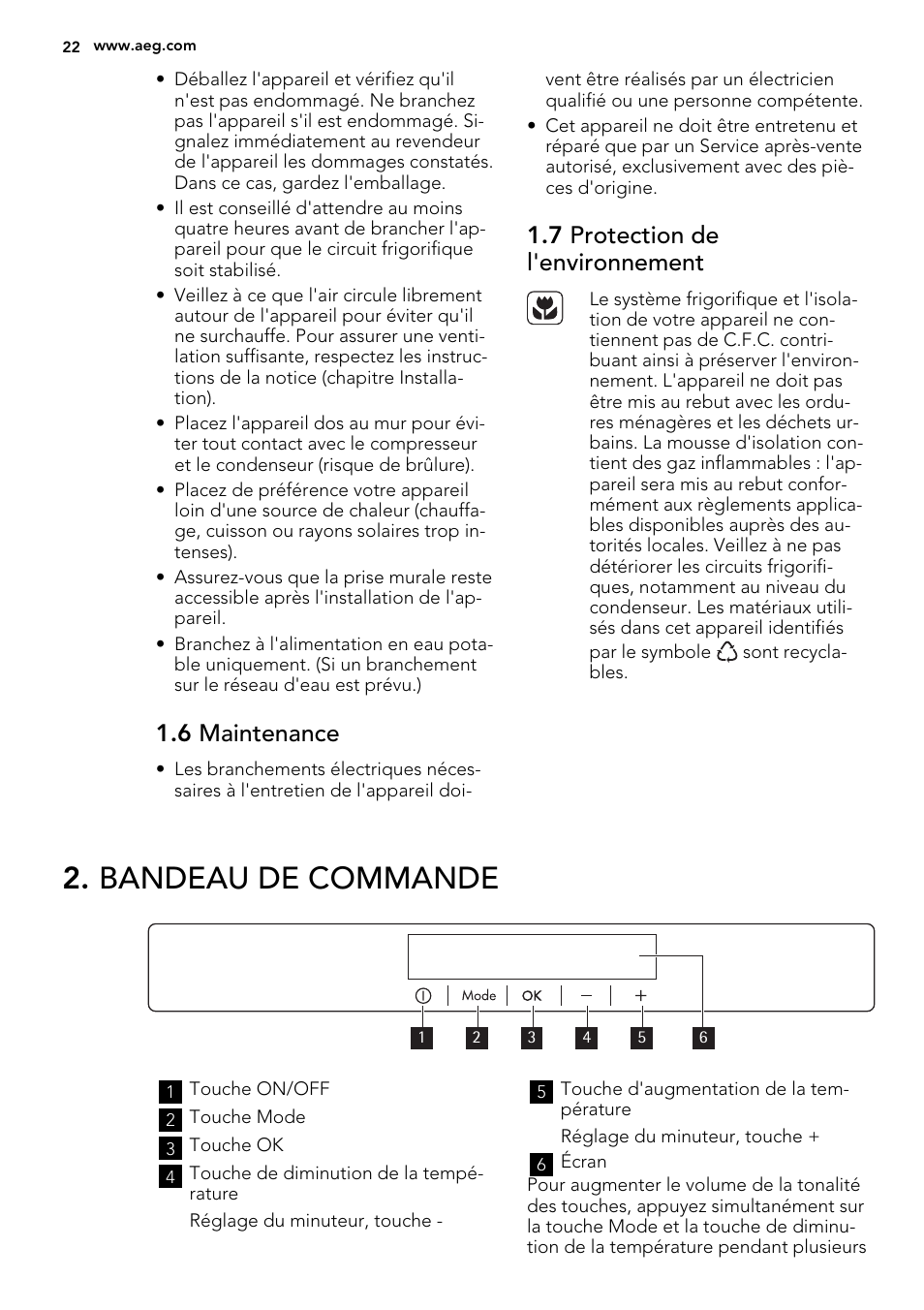 Bandeau de commande, 6 maintenance, 7 protection de l'environnement | AEG SKS98840F1 User Manual | Page 22 / 72