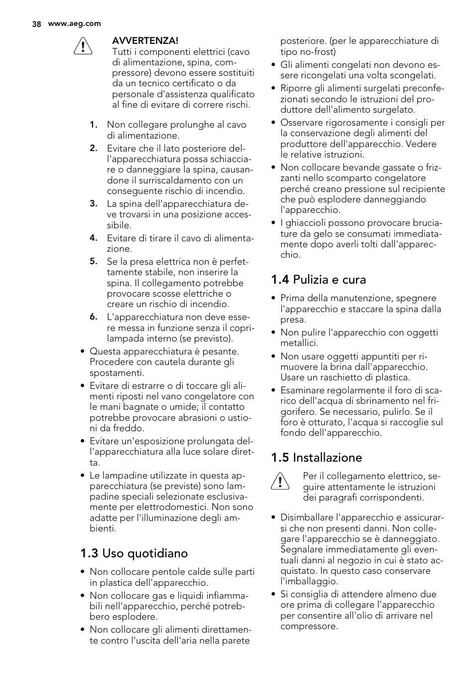 3 uso quotidiano, 4 pulizia e cura, 5 installazione | AEG SKS98840F1 User Manual | Page 38 / 72