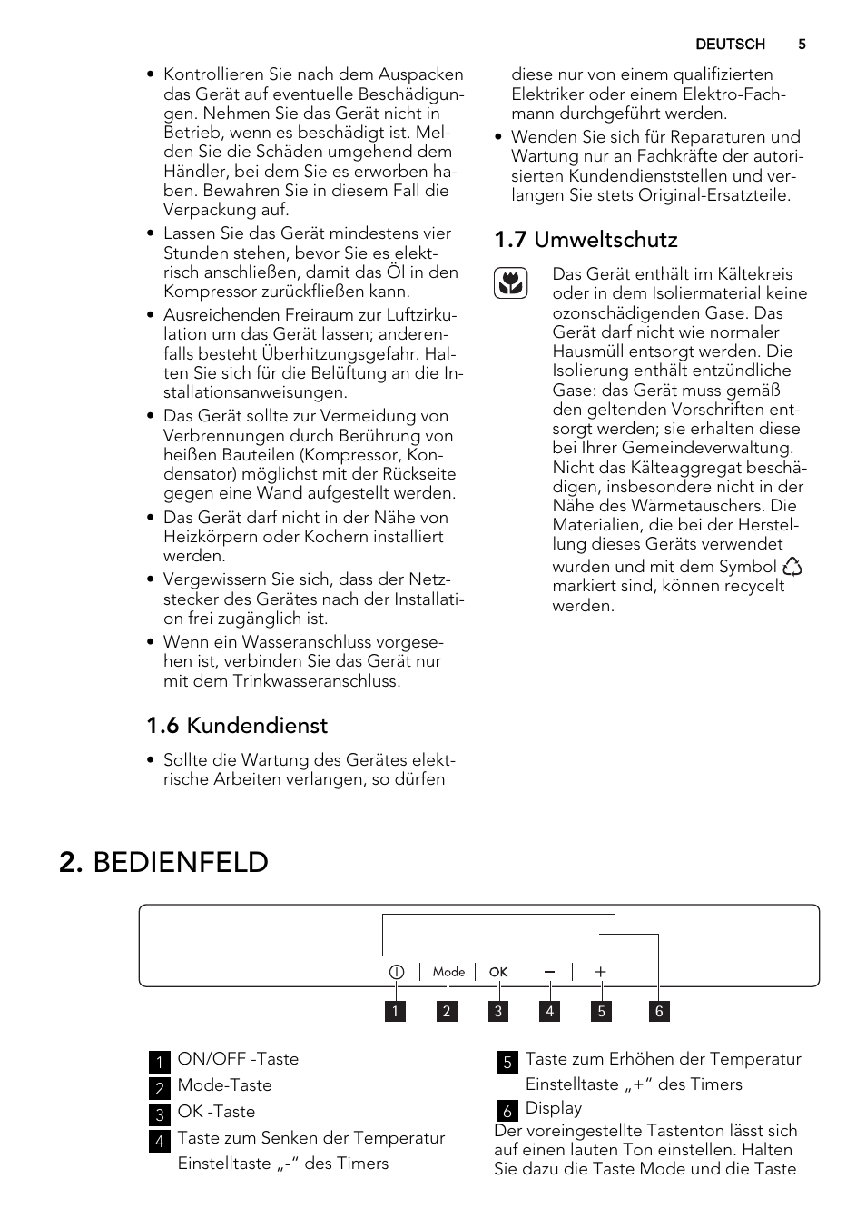 Bedienfeld, 6 kundendienst, 7 umweltschutz | AEG SKS98840F1 User Manual | Page 5 / 72