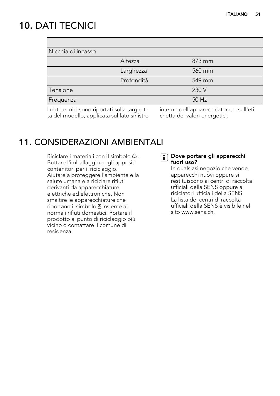 Dati tecnici, Considerazioni ambientali | AEG SKS98840F1 User Manual | Page 51 / 72