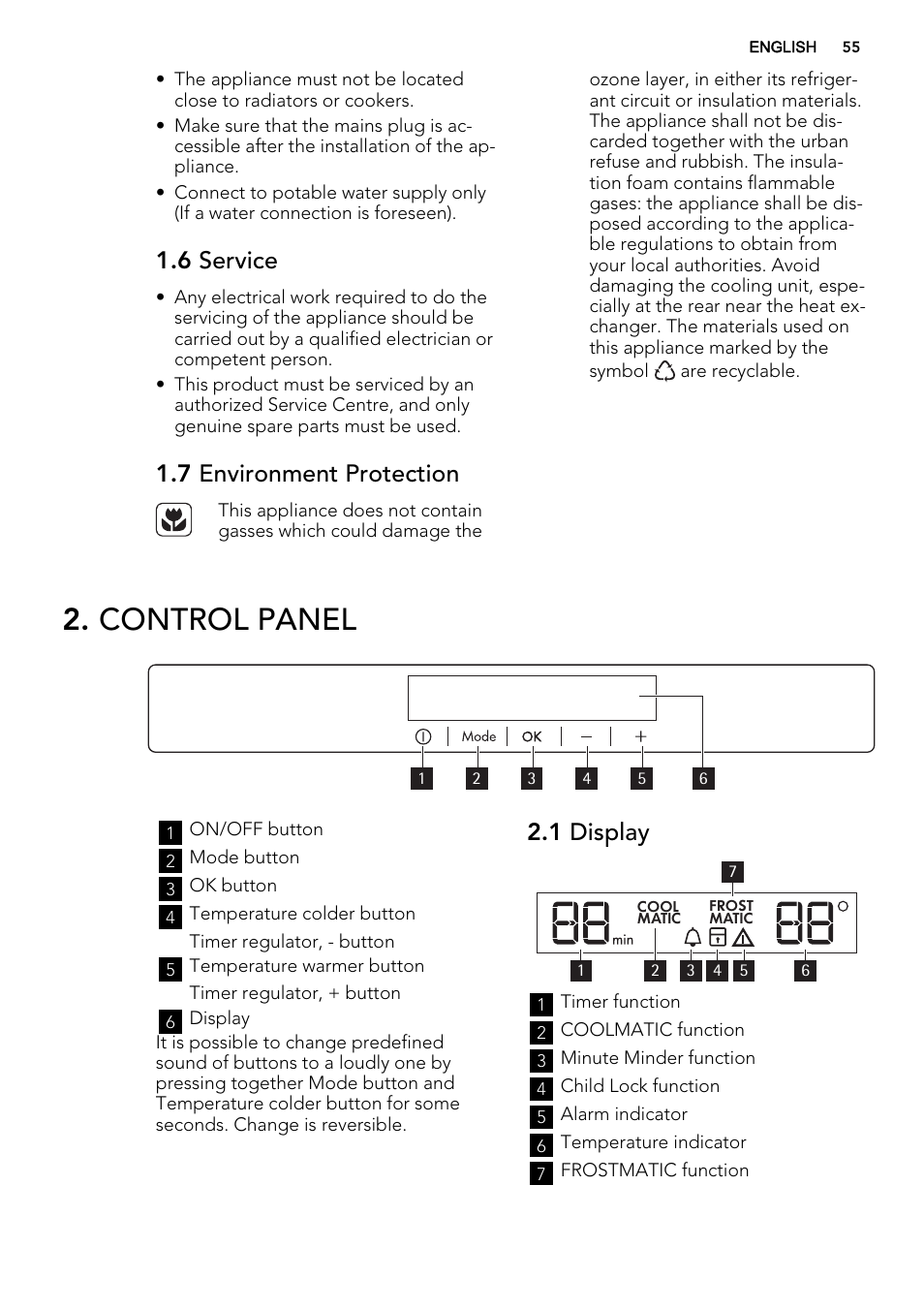 Control panel, 6 service, 7 environment protection | 1 display | AEG SKS98840F1 User Manual | Page 55 / 72