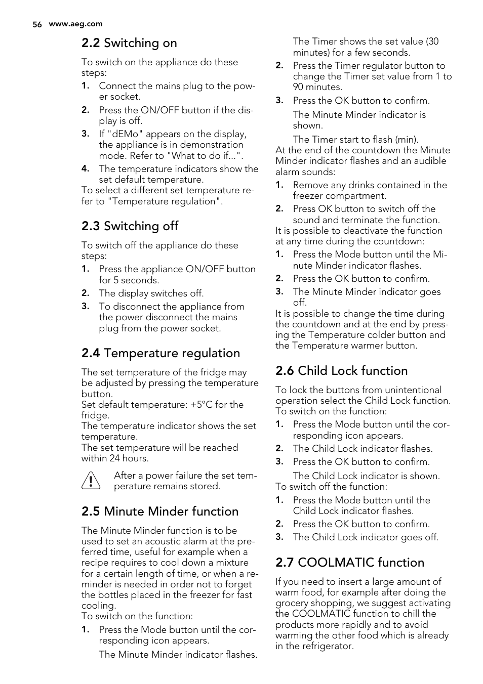 2 switching on, 3 switching off, 4 temperature regulation | 5 minute minder function, 6 child lock function, 7 coolmatic function | AEG SKS98840F1 User Manual | Page 56 / 72
