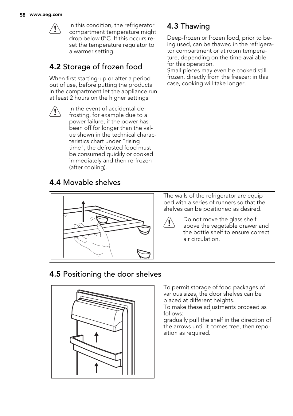 2 storage of frozen food, 3 thawing, 4 movable shelves | 5 positioning the door shelves | AEG SKS98840F1 User Manual | Page 58 / 72