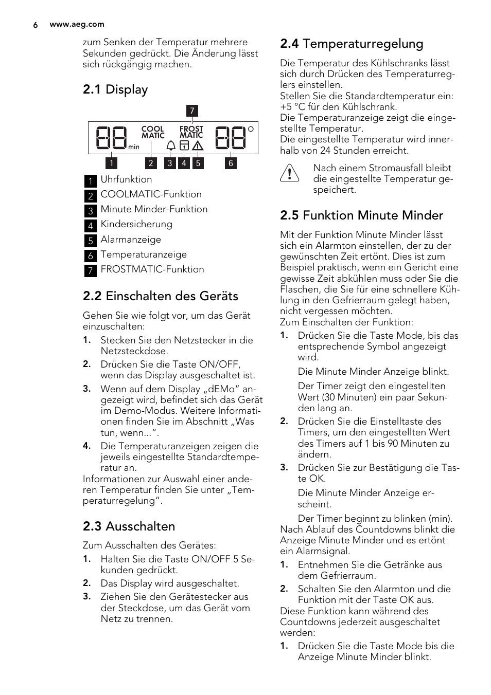 1 display, 2 einschalten des geräts, 3 ausschalten | 4 temperaturregelung, 5 funktion minute minder | AEG SKS98840F1 User Manual | Page 6 / 72