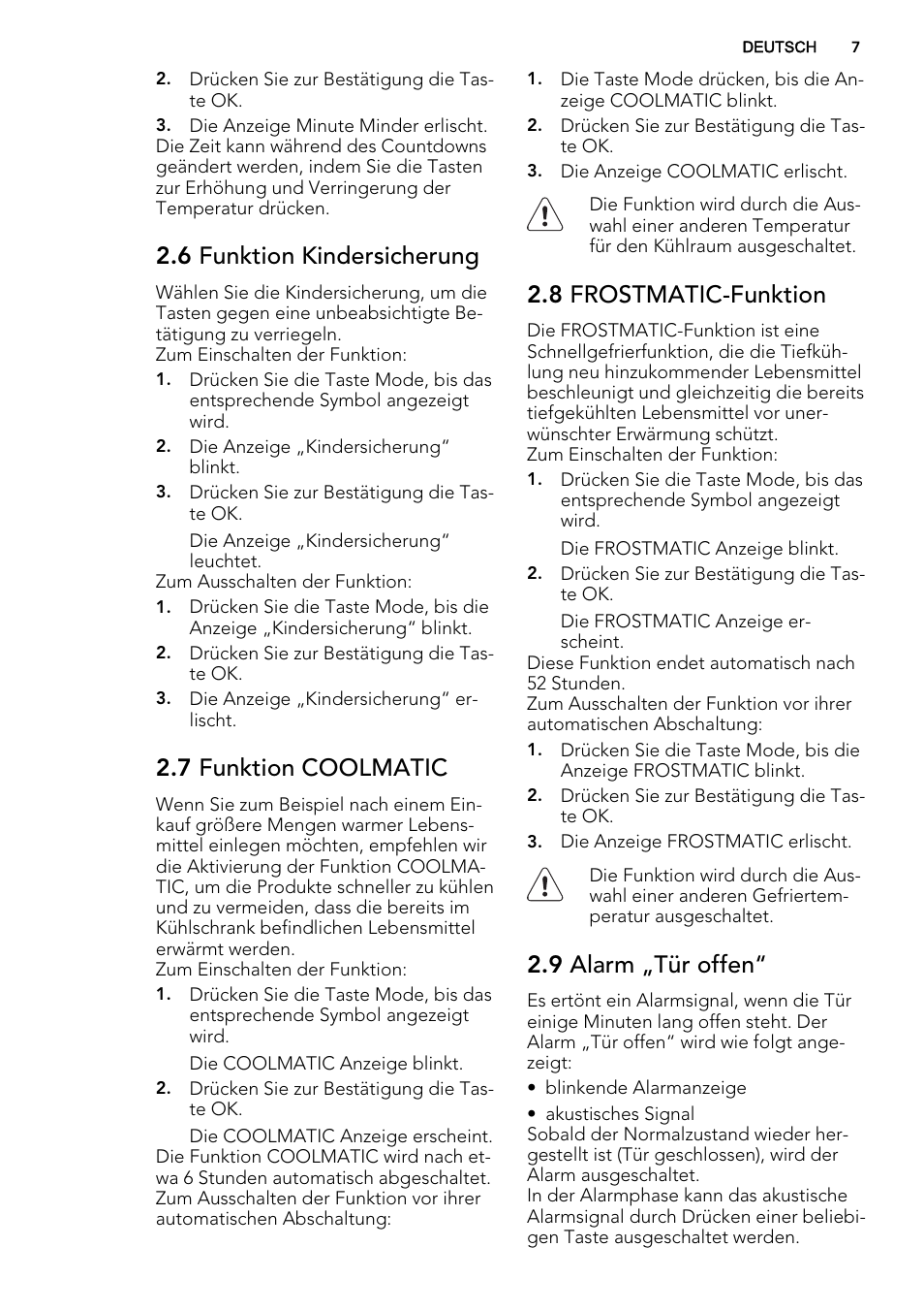 6 funktion kindersicherung, 7 funktion coolmatic, 8 frostmatic-funktion | 9 alarm „tür offen | AEG SKS98840F1 User Manual | Page 7 / 72