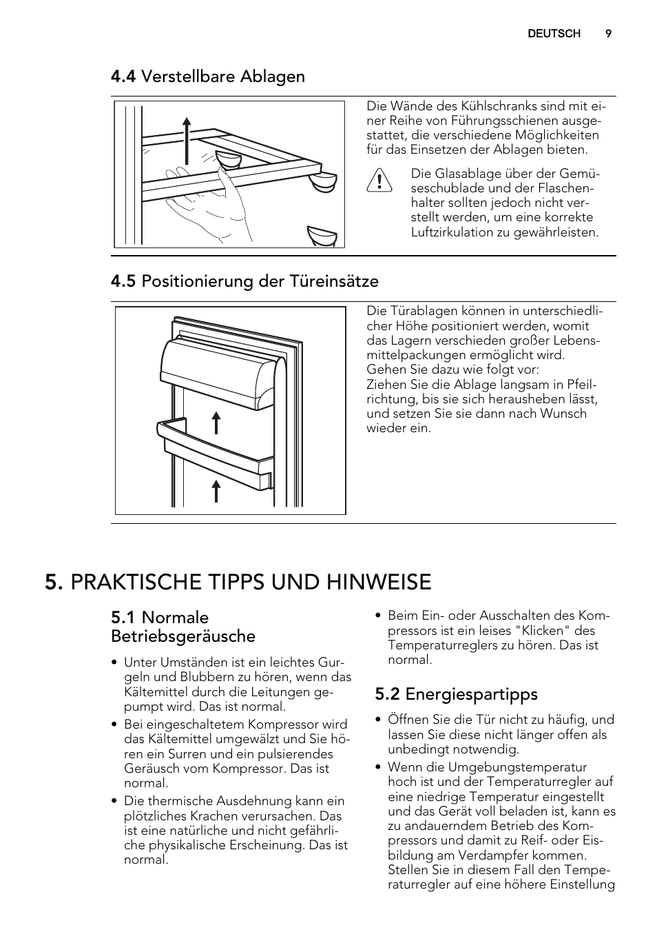 Praktische tipps und hinweise, 4 verstellbare ablagen, 5 positionierung der türeinsätze | 1 normale betriebsgeräusche, 2 energiespartipps | AEG SKS98840F1 User Manual | Page 9 / 72