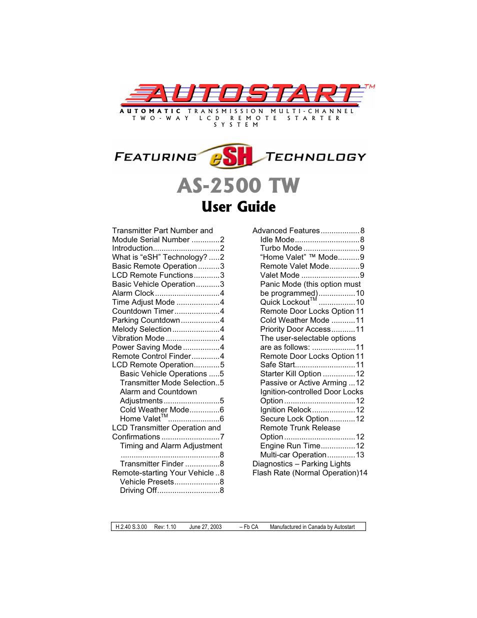 Autostart AS-2500 TW User Manual | 14 pages