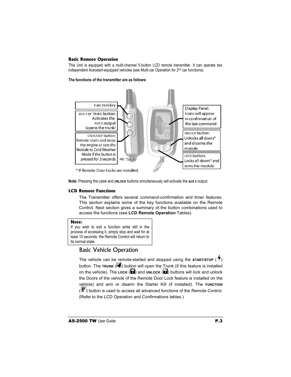 Basic vehicle operation | Autostart AS-2500 TW User Manual | Page 3 / 14