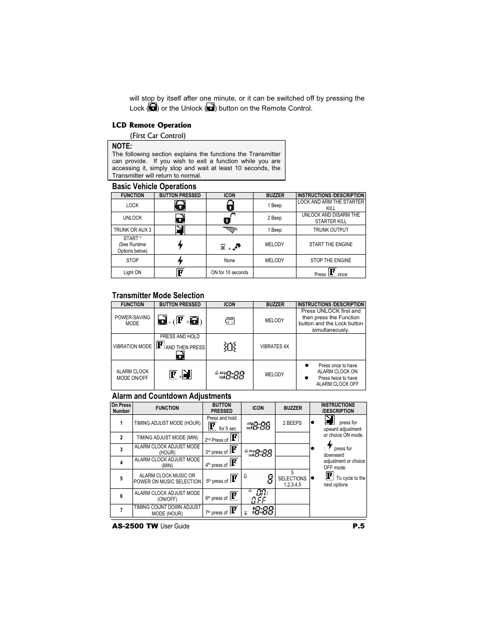 Basic vehicle operations, Transmitter mode selection, Alarm and countdown adjustments | Autostart AS-2500 TW User Manual | Page 5 / 14