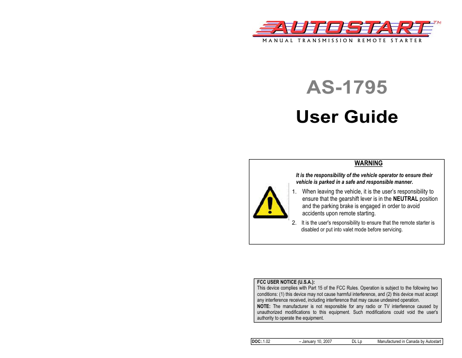 Autostart AS-1795 User Manual | 6 pages