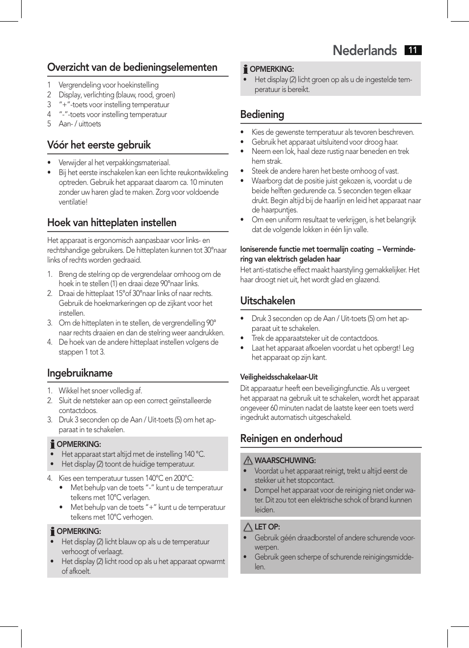 Nederlands, Overzicht van de bedieningselementen, Vóór het eerste gebruik | Hoek van hitteplaten instellen, Ingebruikname, Bediening, Uitschakelen, Reinigen en onderhoud | AEG HC 5590 User Manual | Page 11 / 50