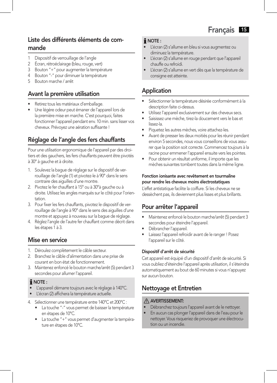 Français, Liste des différents éléments de com- mande, Avant la première utilisation | Réglage de l’angle des fers chauffants, Mise en service, Application, Pour arrêter l’appareil, Nettoyage et entretien | AEG HC 5590 User Manual | Page 15 / 50