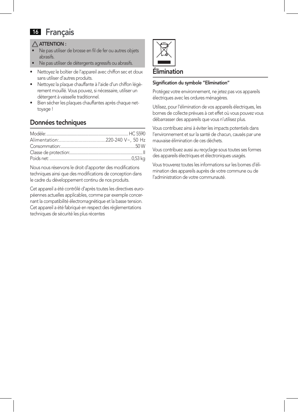 Français, Données techniques, Élimination | AEG HC 5590 User Manual | Page 16 / 50