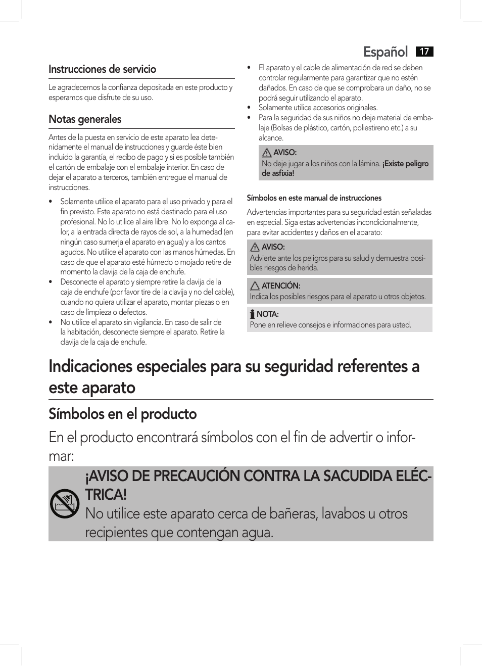 Español, Instrucciones de servicio, Notas generales | AEG HC 5590 User Manual | Page 17 / 50