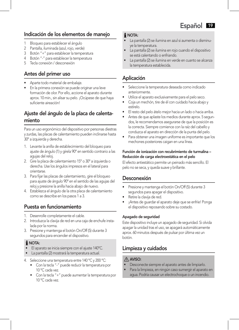 Español, Indicación de los elementos de manejo, Antes del primer uso | Ajuste del ángulo de la placa de calenta- miento, Puesta en funcionamiento, Aplicación, Desconexión, Limpieza y cuidados | AEG HC 5590 User Manual | Page 19 / 50