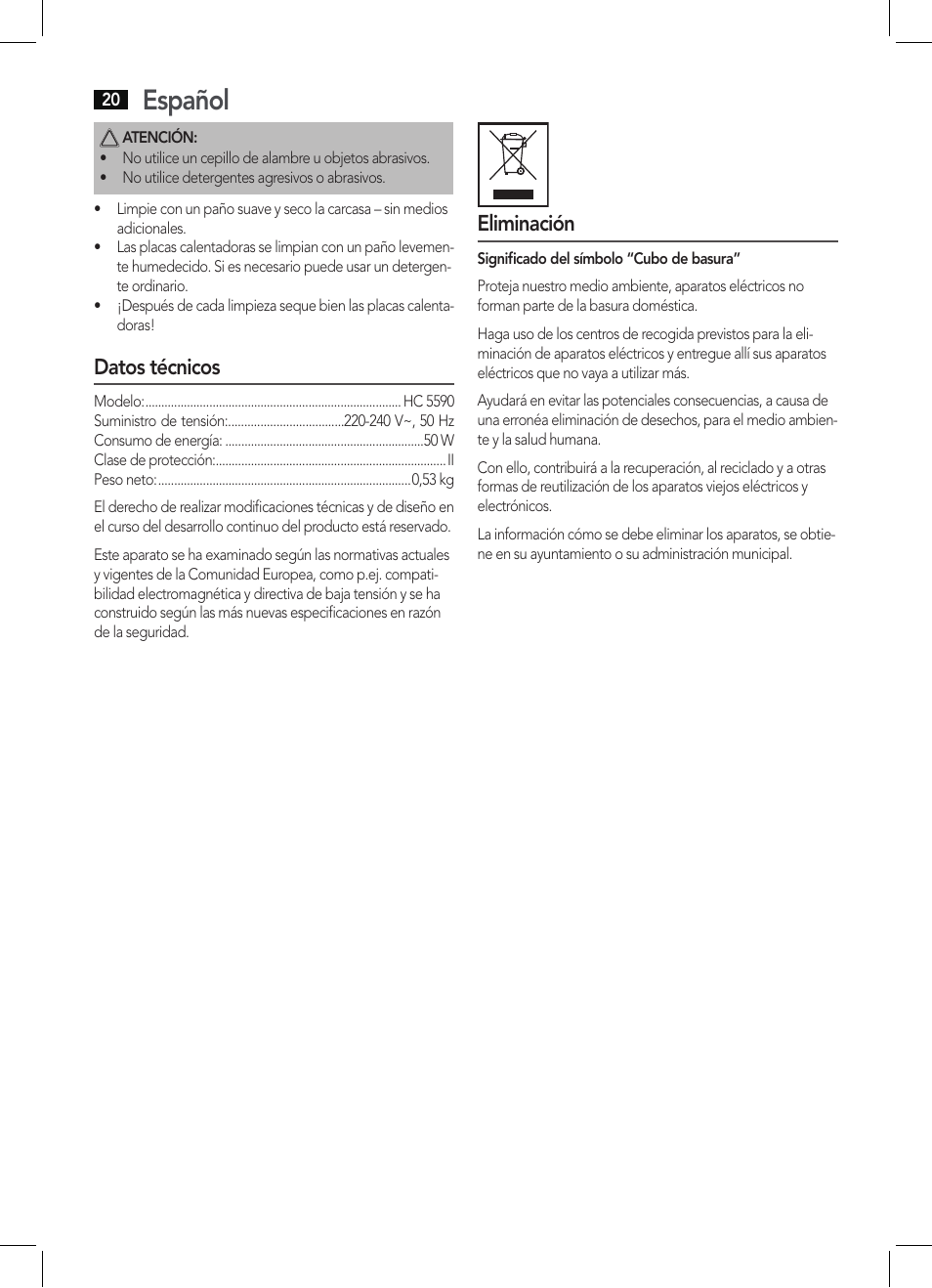 Español, Datos técnicos, Eliminación | AEG HC 5590 User Manual | Page 20 / 50