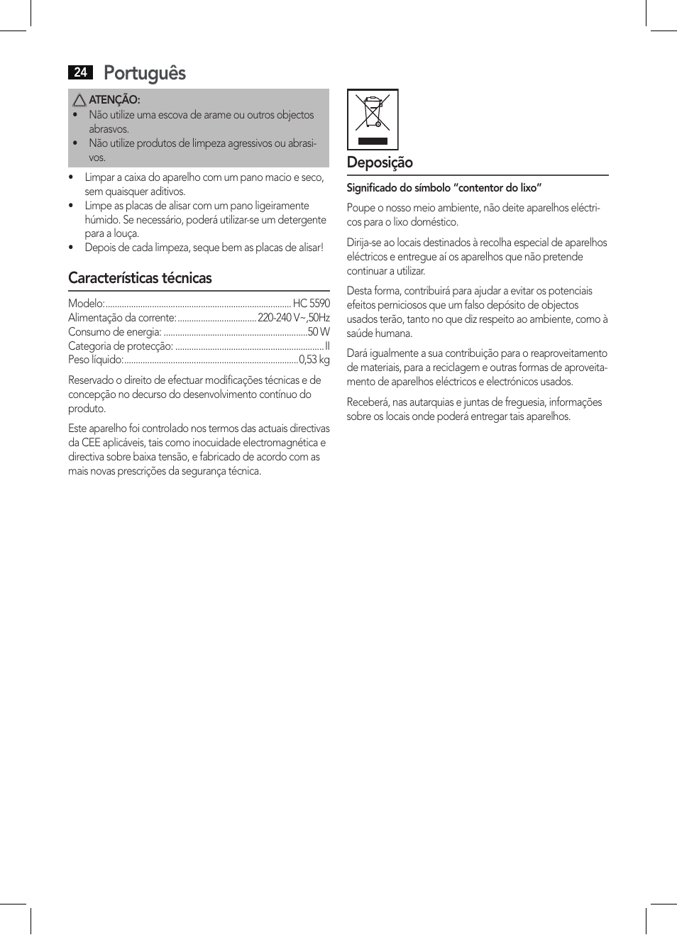 Português, Características técnicas, Deposição | AEG HC 5590 User Manual | Page 24 / 50