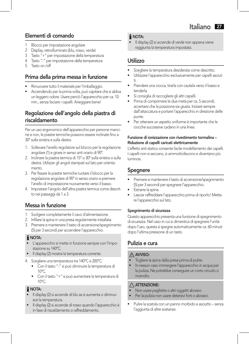 Italiano, Elementi di comando, Prima della prima messa in funzione | Messa in funzione, Utilizzo, Spegnere, Pulizia e cura | AEG HC 5590 User Manual | Page 27 / 50