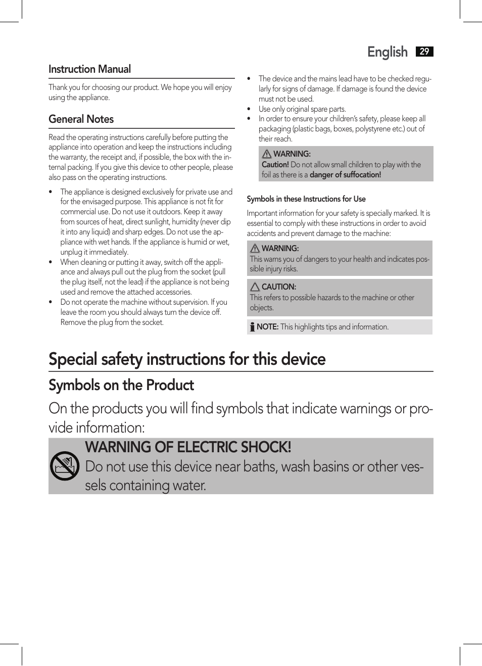 Special safety instructions for this device, English | AEG HC 5590 User Manual | Page 29 / 50