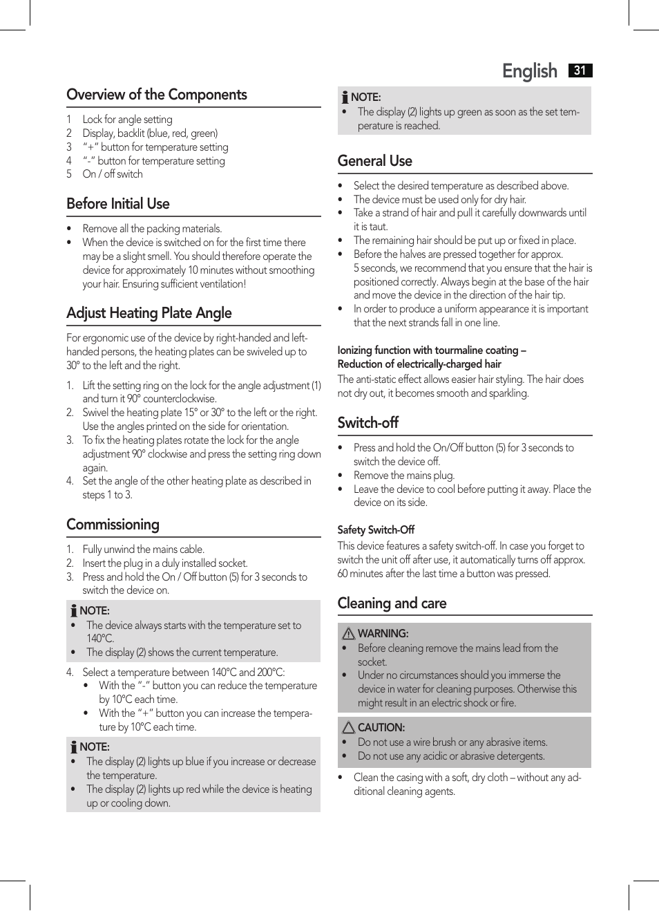 English, Overview of the components, Before initial use | Adjust heating plate angle, Commissioning, General use, Switch-off, Cleaning and care | AEG HC 5590 User Manual | Page 31 / 50